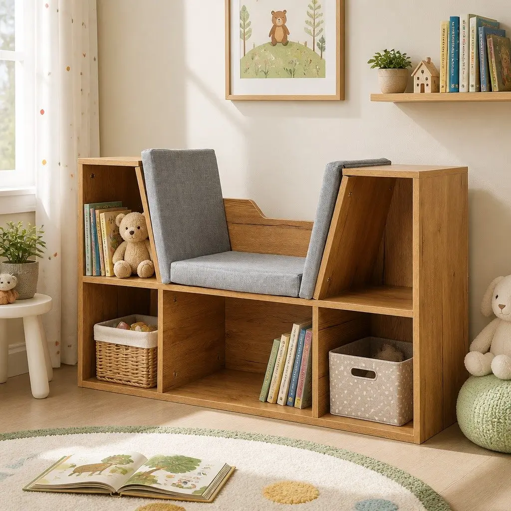 Kids Toy Box Bookcase Storage Organizer Shelf with Detachable Cushion Brown 98cm L x 30cm W x 61cm H