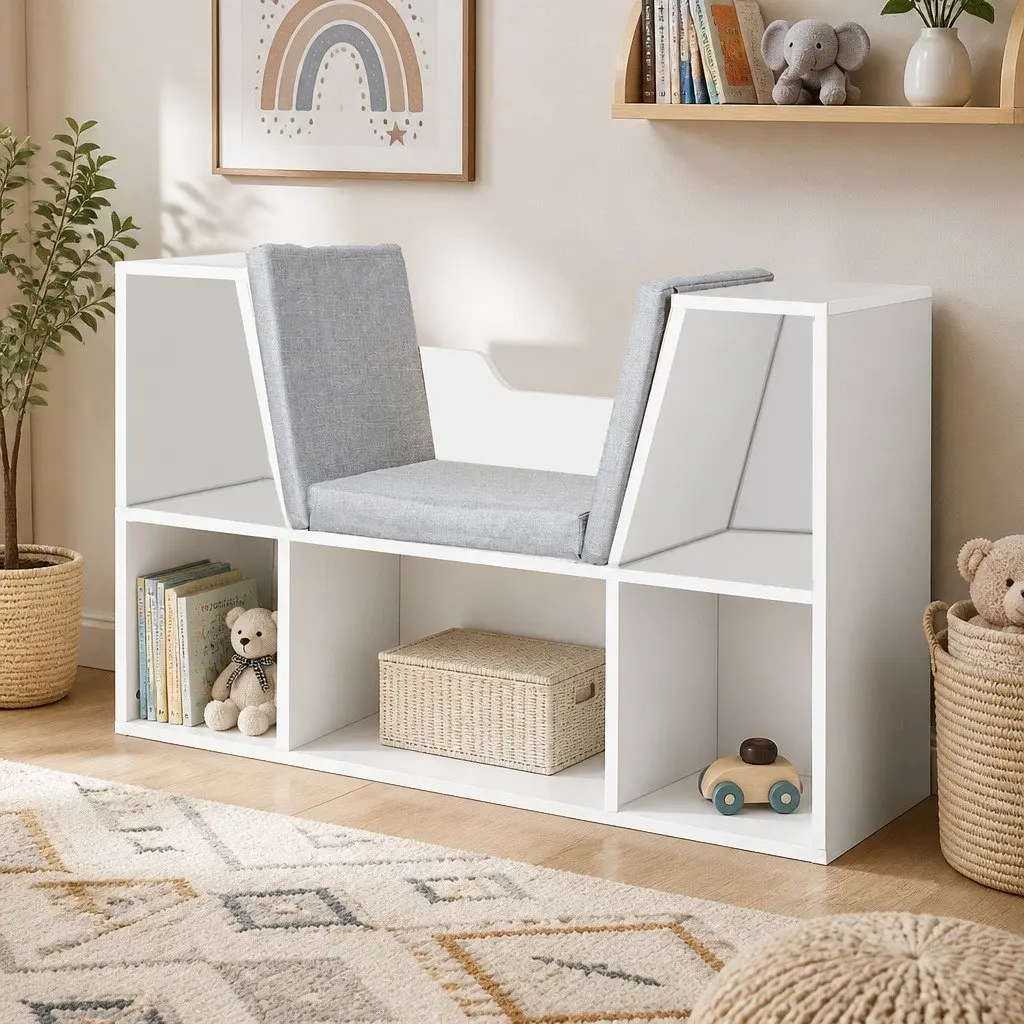 Kids Toy Box Storage Bookcase Shelf Organiser with Seat White 98cm x 30cm x 61cm