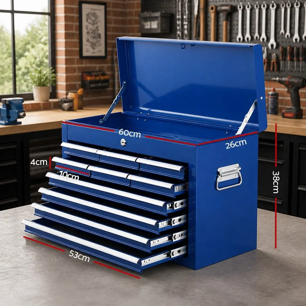 10 Drawer Tool Box Cabinet Chest Storage Organiser Garage Workshop Blue Steel