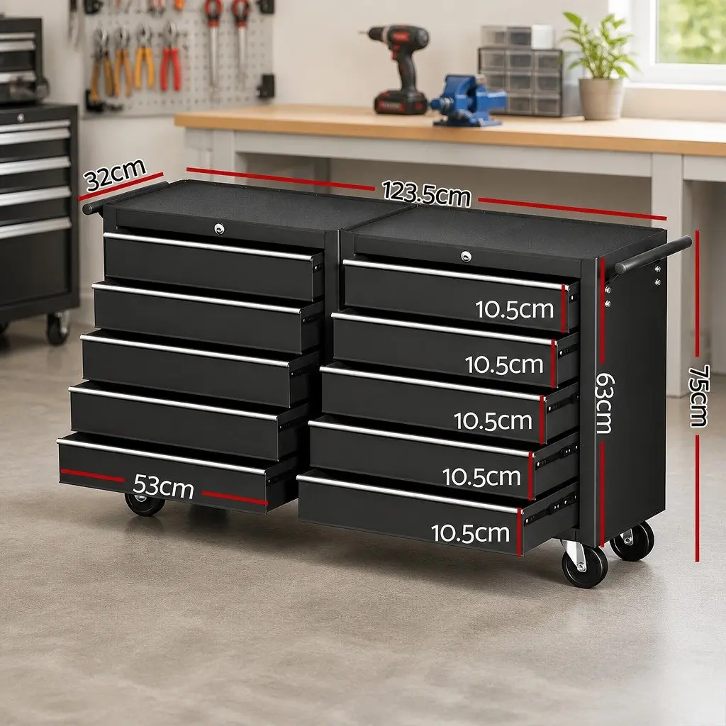 10-Drawer Black Tool Chest Trolley for Easy Access