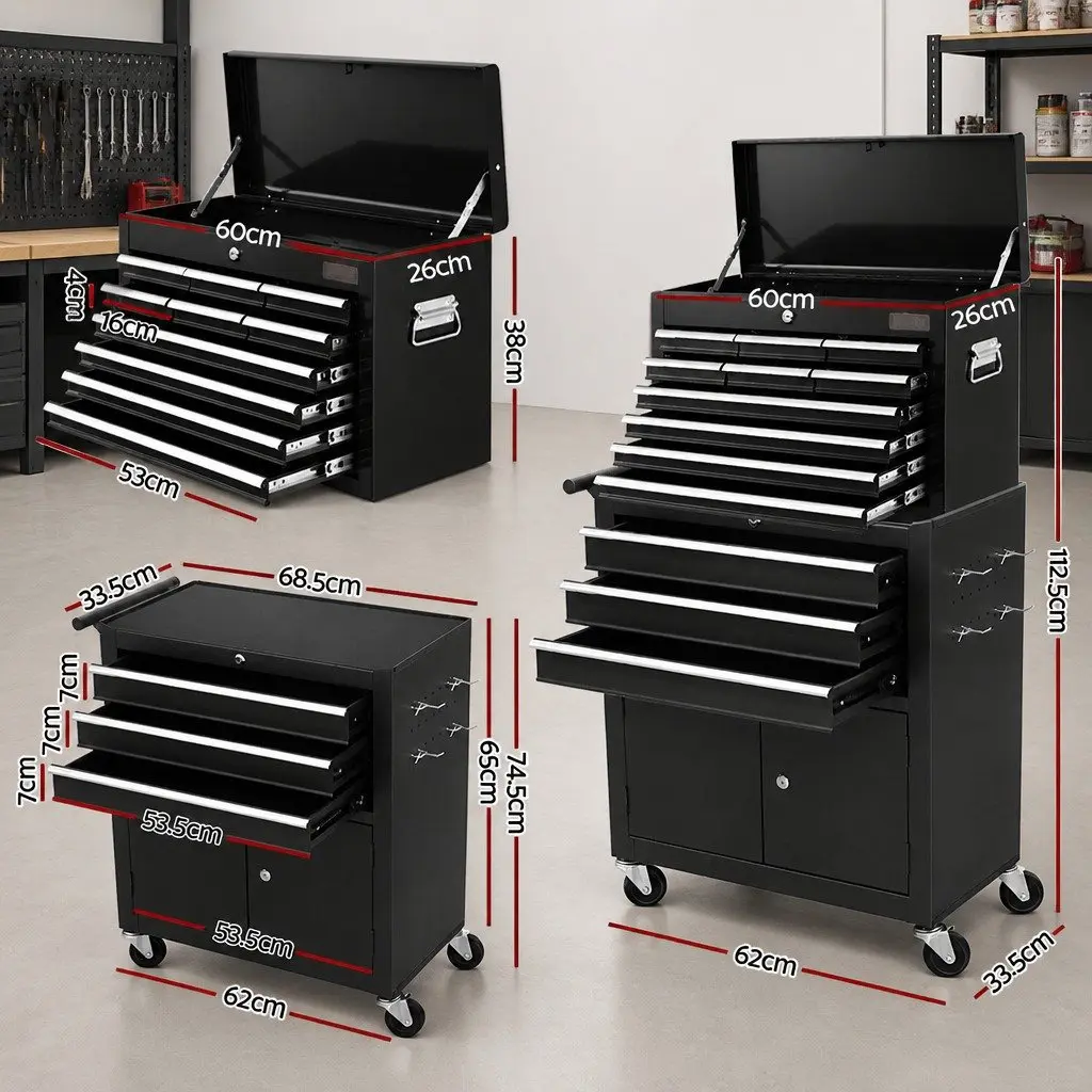 13 Drawer Tool Box Cabinet Chest Storage Organiser Trolley Garage Workshop Black