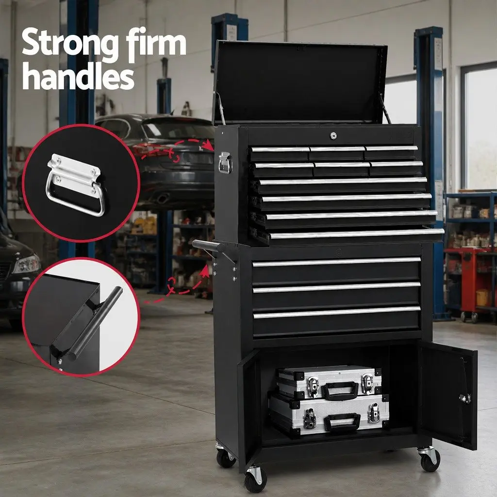 13 Drawer Tool Box Cabinet Chest Storage Organiser Trolley Garage Workshop Black