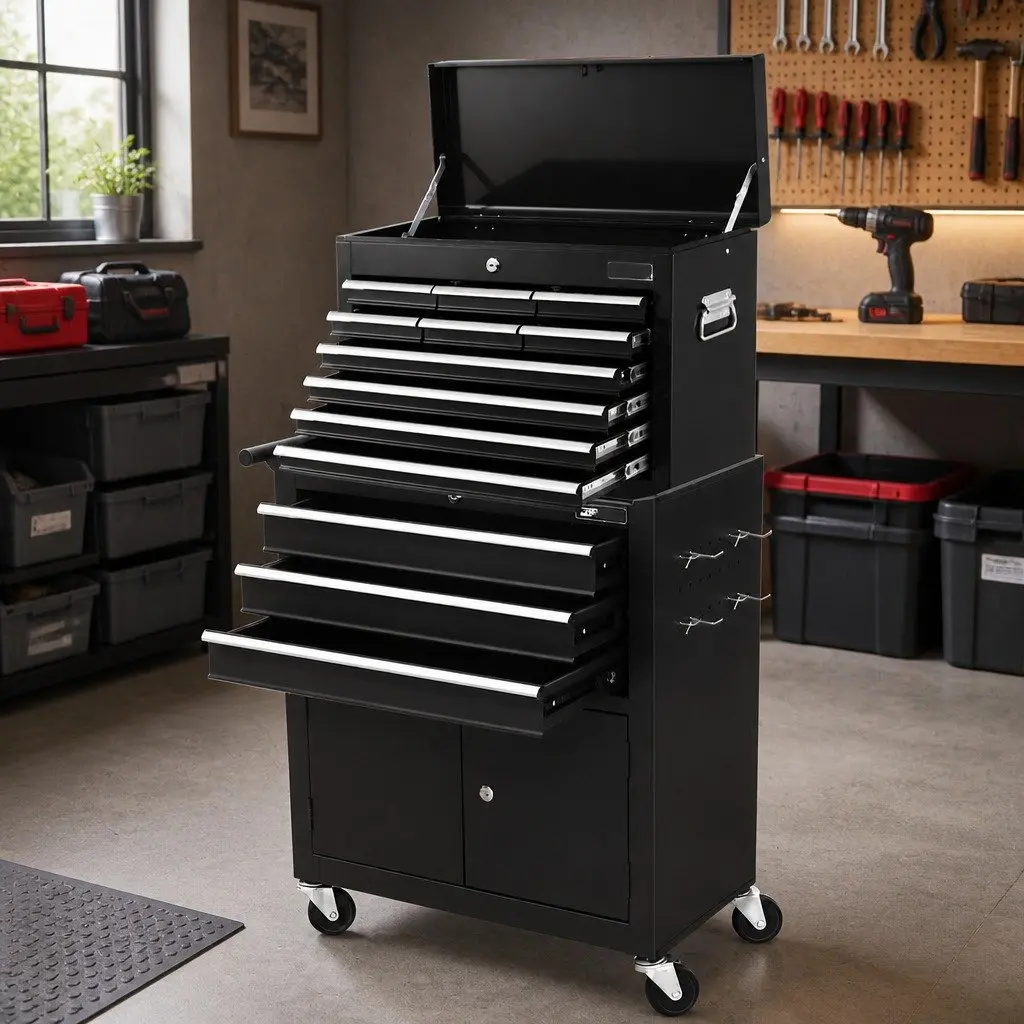 13 Drawer Tool Box Cabinet Chest Storage Organiser Trolley Garage Workshop Black