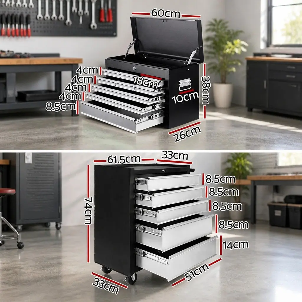 14 Drawer Tool Box Cabinet Chest Storage Trolley with Wheels Garage Workshop