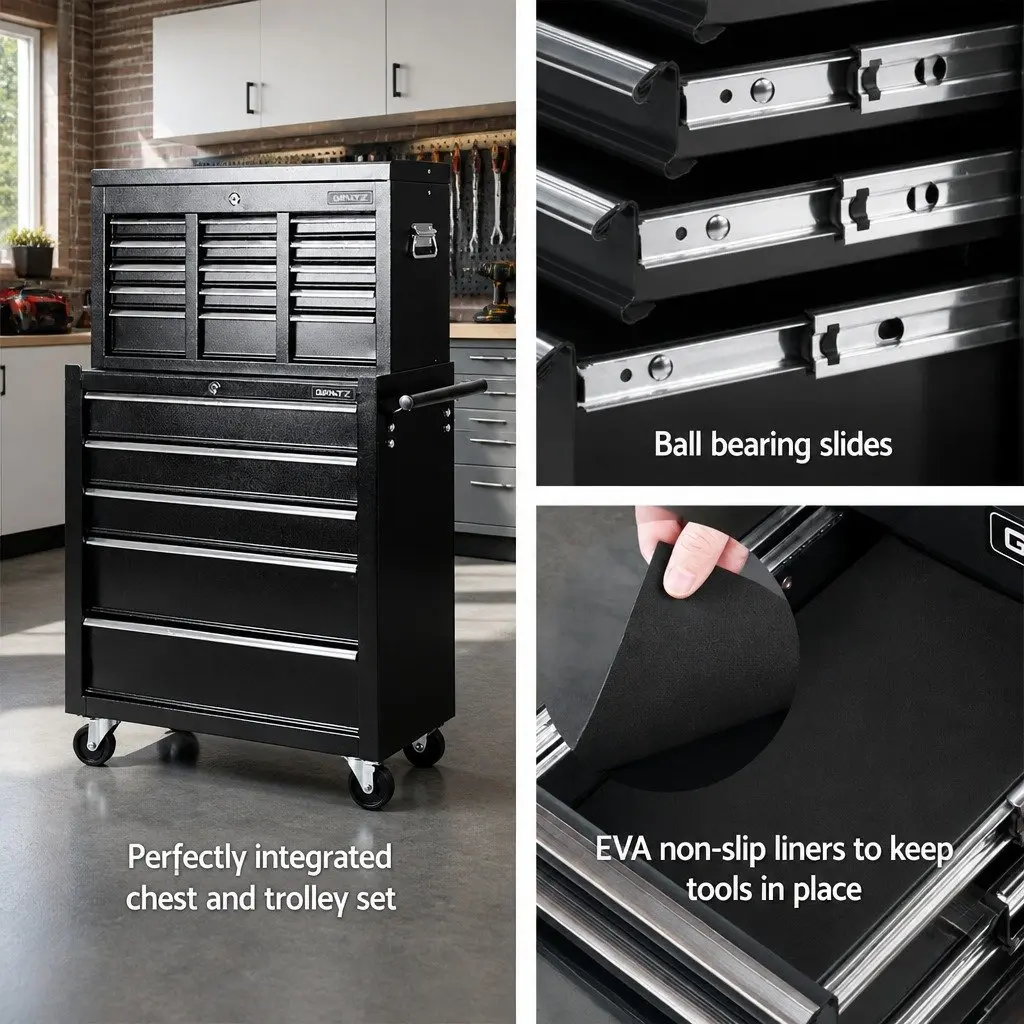 14 Drawer Tool Box Cabinet Chest Mechanic Garage Storage Trolley with Castors