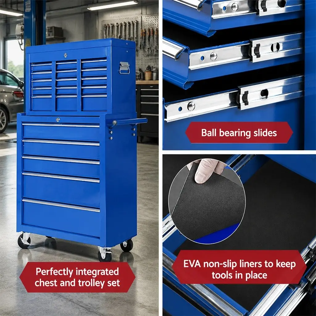 Tool Cabinet Chest Trolley 14 Drawer Steel Mobile Storage Blue