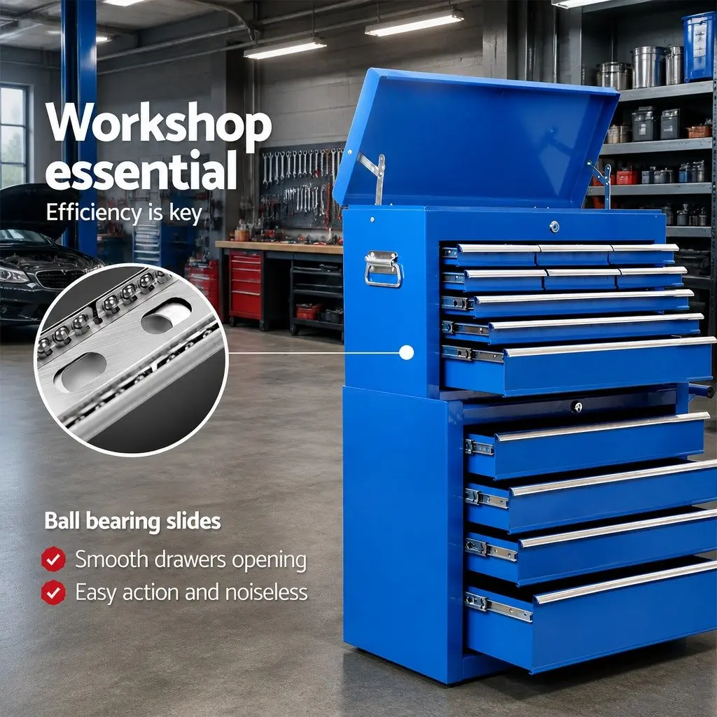 Tool Cabinet Chest Trolley 14 Drawer Steel Mobile Storage Blue