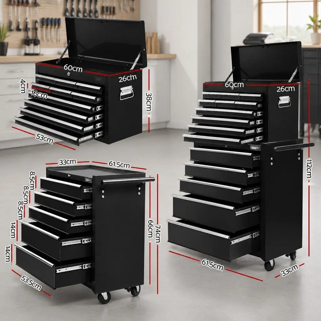15 Drawer Tool Chest Trolley 2-in-1 Storage Toolbox Organiser Workshop Black