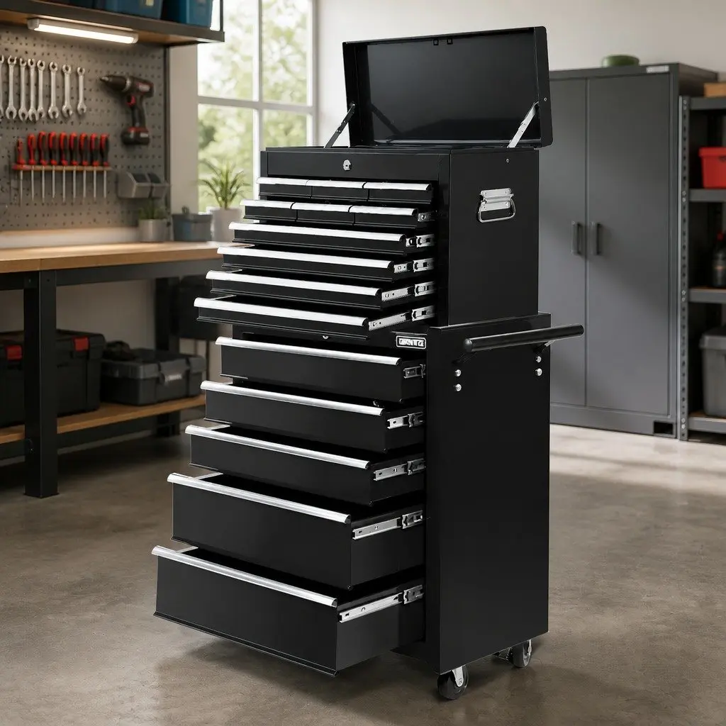 15 Drawer Tool Chest Trolley 2-in-1 Storage Toolbox Organiser Workshop Black