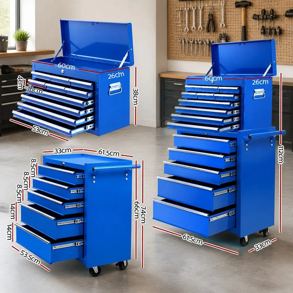 Tool Chest Trolley 15 Drawers 2-in-1 Storage Wheeled Toolbox Organizer