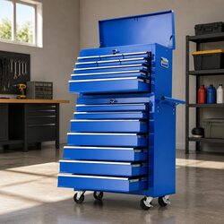 Tool Chest Trolley Cabinet 16 Drawers Storage Cart Garage Workshop Blue Steel