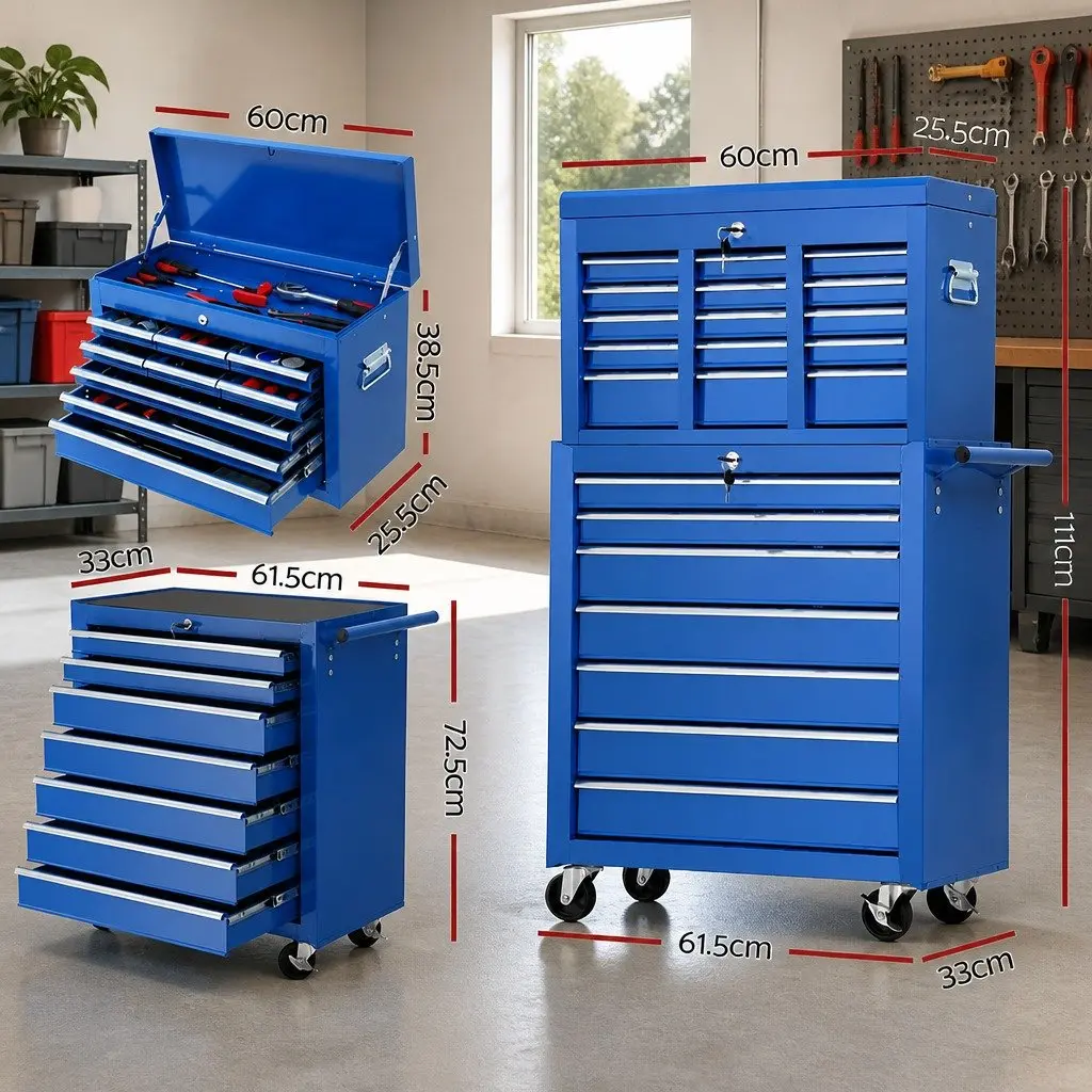 Tool Chest Trolley Cabinet 16 Drawers Storage Cart Garage Workshop Blue Steel