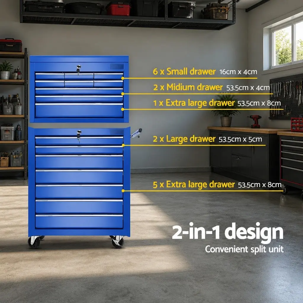 Tool Chest Trolley Cabinet 16 Drawers Storage Cart Garage Workshop Blue Steel