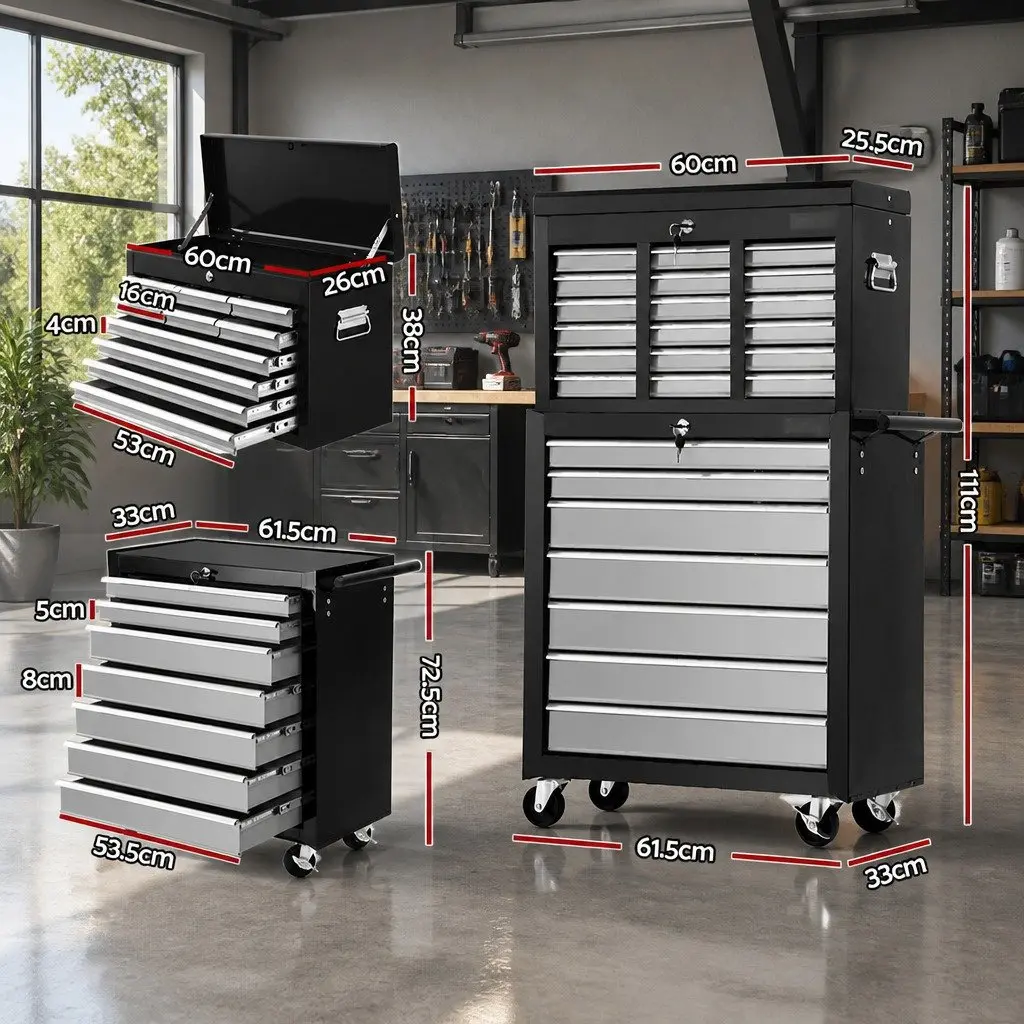 Tool Cabinet 17 Drawer Lockable Steel Chest Trolley Organizer 61.5cm x 33cm x 111cm