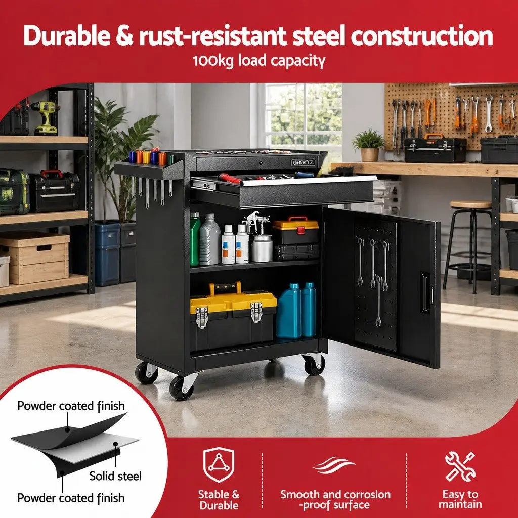 Tool Chest Trolley Cabinet Rolling Toolbox Garage Storage Organizer Black