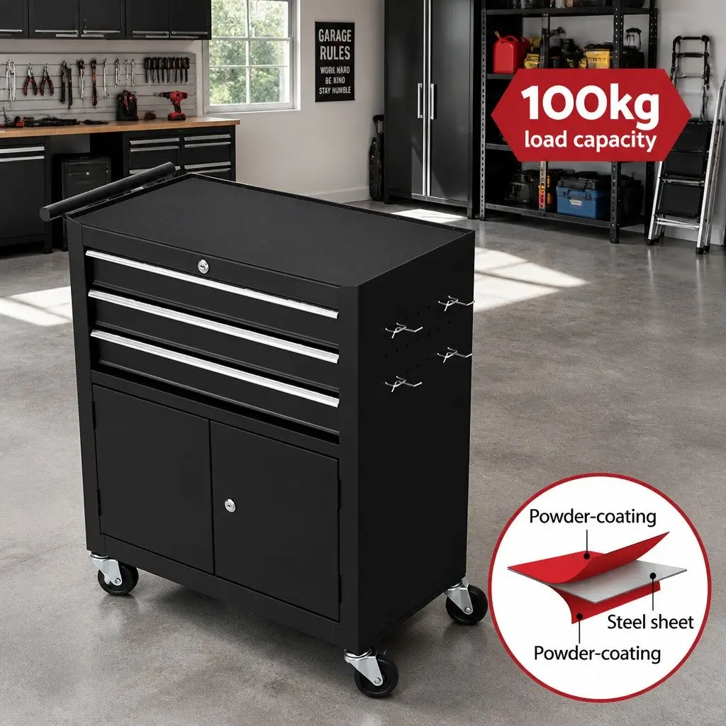 3 Drawer Tool Box Chest Cabinet Storage Organiser with Wheels Lockable Castors