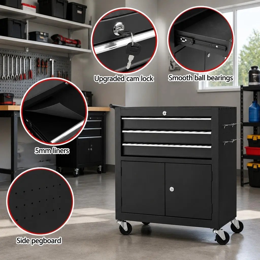 3 Drawer Tool Box Chest Cabinet Storage Organiser with Wheels Lockable Castors