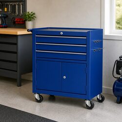 3 Drawer Tool Box Cabinet Chest Storage Organiser Garage Workshop Trolley Blue