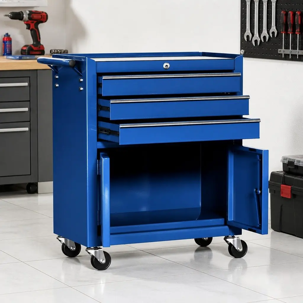 3 Drawer Tool Box Cabinet Chest Storage Organiser Garage Workshop Trolley Blue