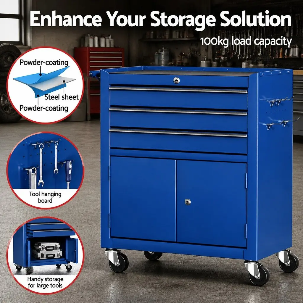 3 Drawer Tool Box Cabinet Chest Storage Organiser Garage Workshop Trolley Blue