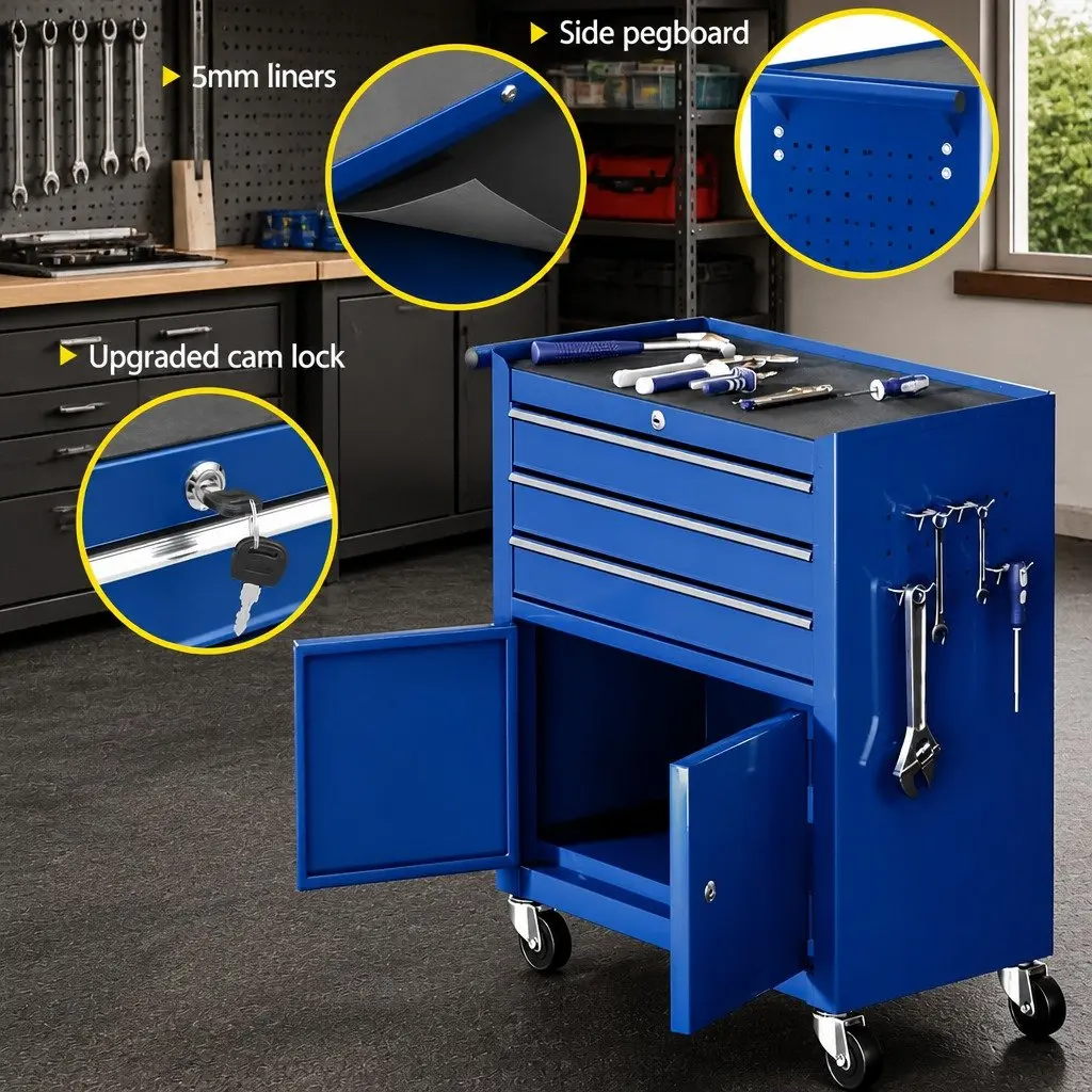 3 Drawer Tool Box Cabinet Chest Storage Organiser Garage Workshop Trolley Blue