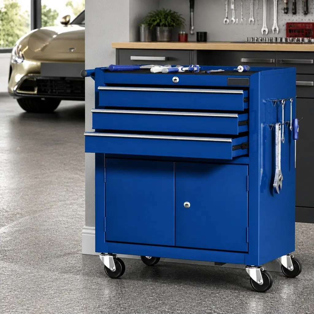 3 Drawer Tool Box Cabinet Chest Storage Organiser Garage Workshop Trolley Blue