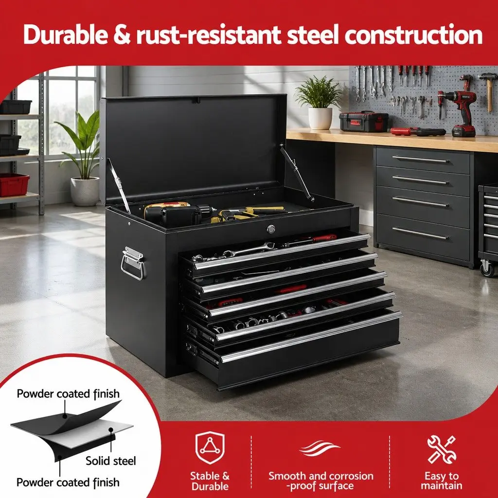 5 Drawer Tool Chest Box Cabinet Lockable Garage Storage Organiser Black Steel