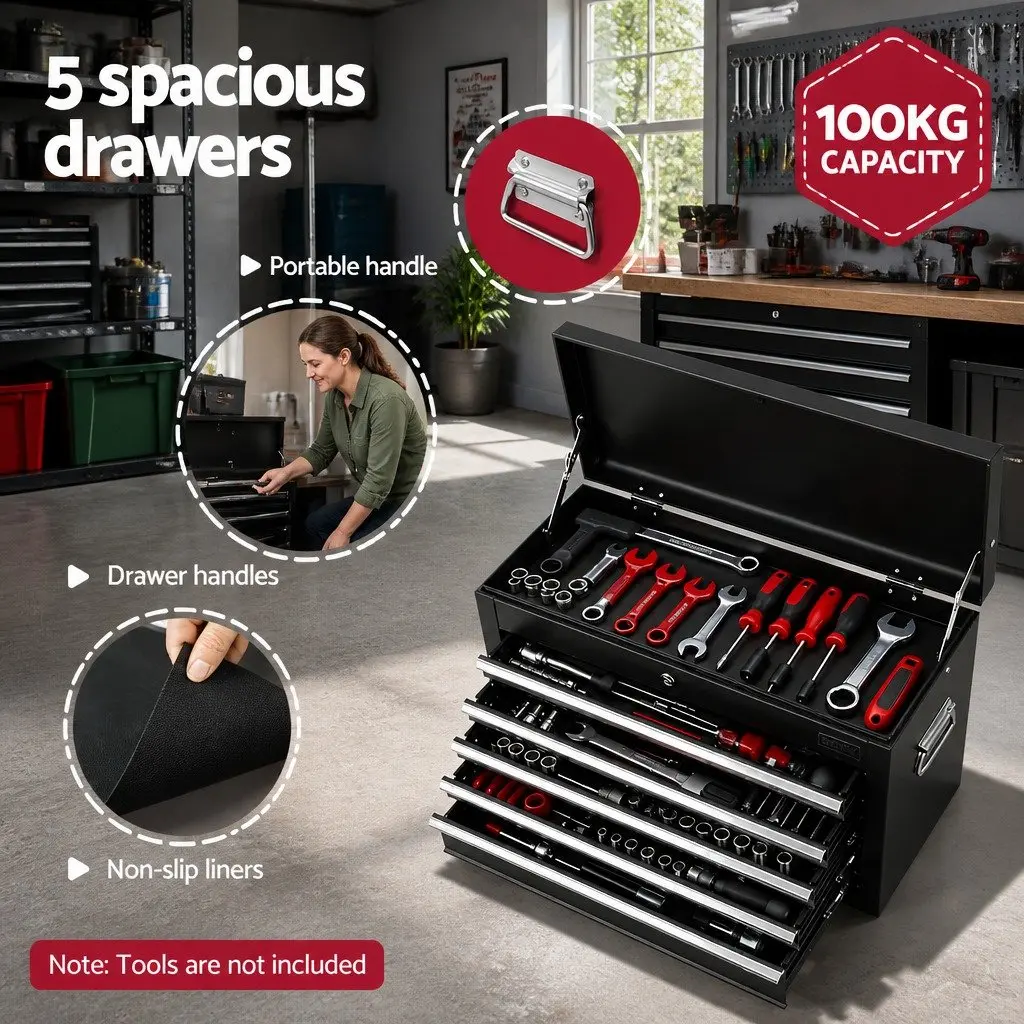 5 Drawer Tool Chest Box Cabinet Lockable Garage Storage Organiser Black Steel