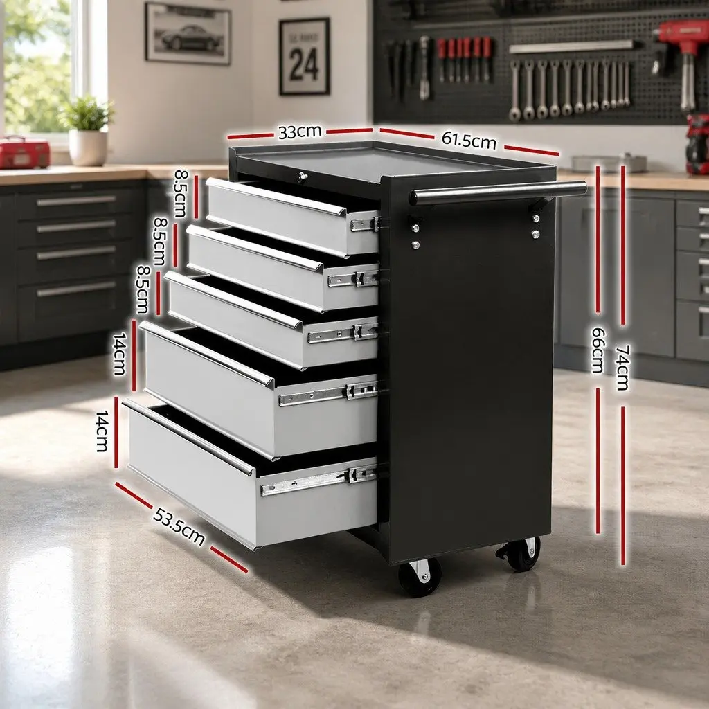 5 Drawer Steel Tool Box Cabinet Trolley Garage Storage Organizer