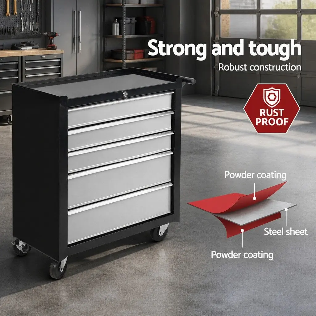 5 Drawer Steel Tool Box Cabinet Trolley Garage Storage Organizer