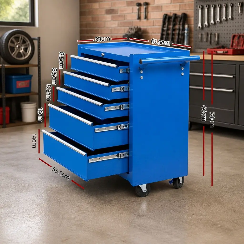 Tool Cabinet 5 Drawer Storage Trolley Organiser Blue 61.5cm x 33cm x 74cm
