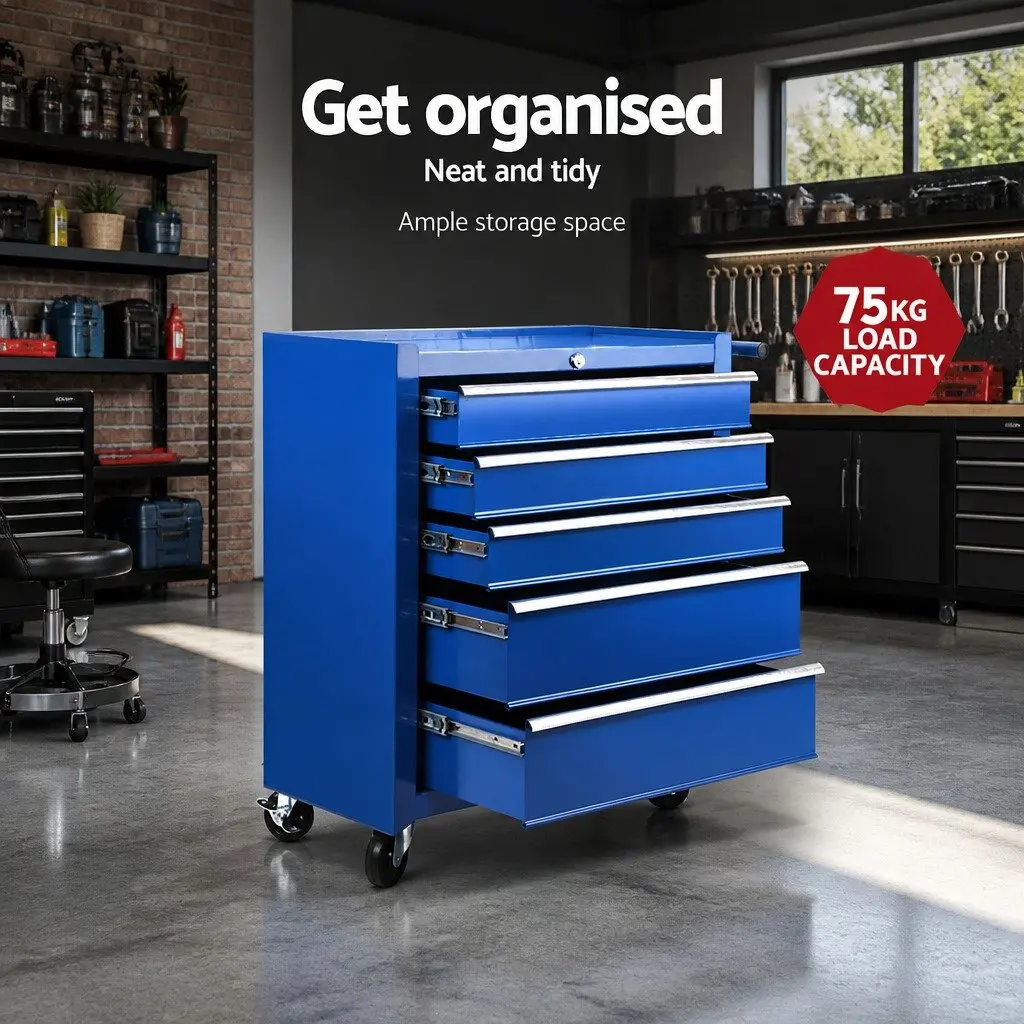 Tool Cabinet 5 Drawer Storage Trolley Organiser Blue 61.5cm x 33cm x 74cm