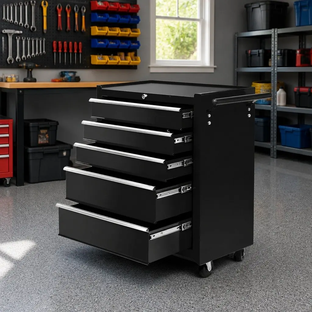 Tool Cabinet 5 Drawer Lockable Trolley Storage Black 61.5cm x 33cm x 74cm