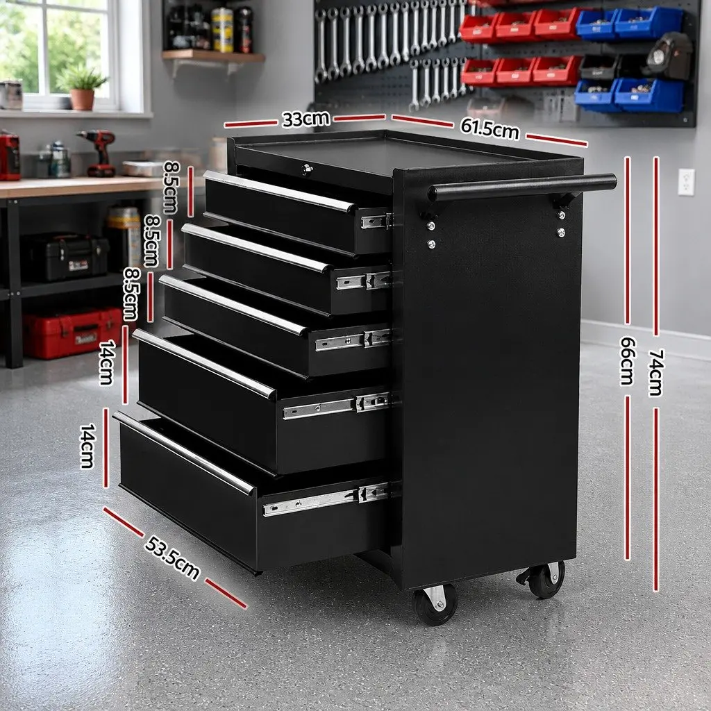 Tool Cabinet 5 Drawer Lockable Trolley Storage Black 61.5cm x 33cm x 74cm