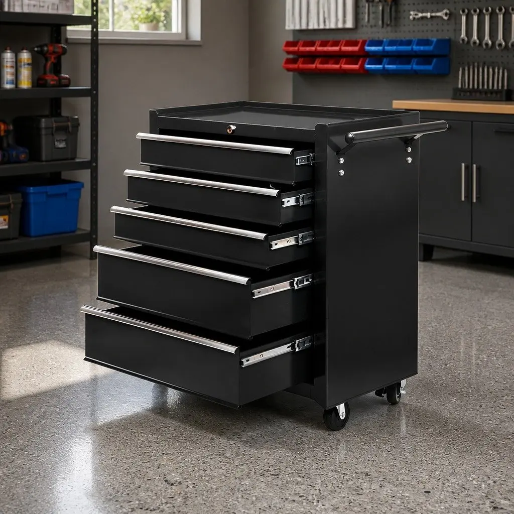 Tool Cabinet 5 Drawer Lockable Trolley Storage Black 61.5cm x 33cm x 74cm