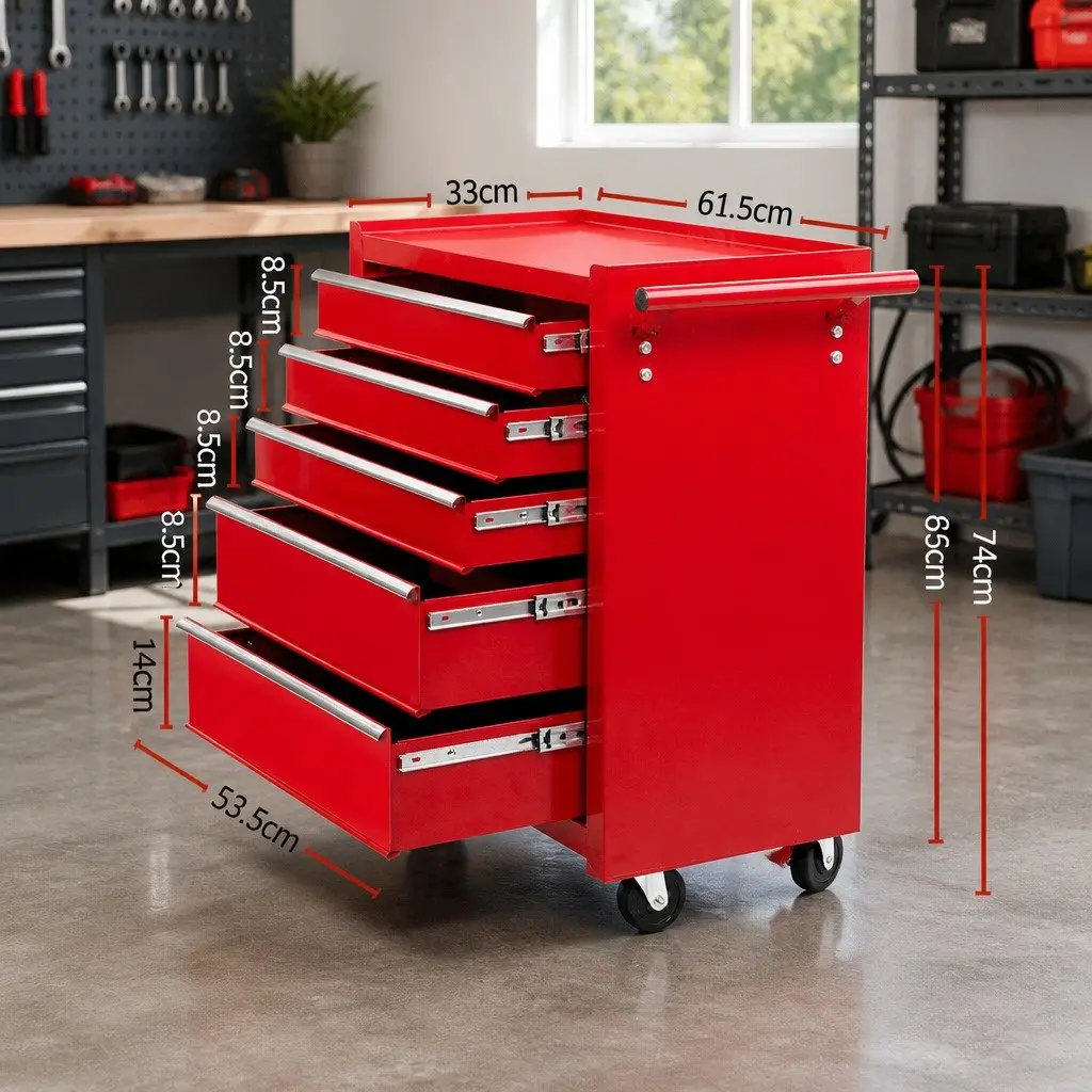 5 Drawer Tool Cabinet Trolley Storage Red Steel Garage Organizer with Wheels