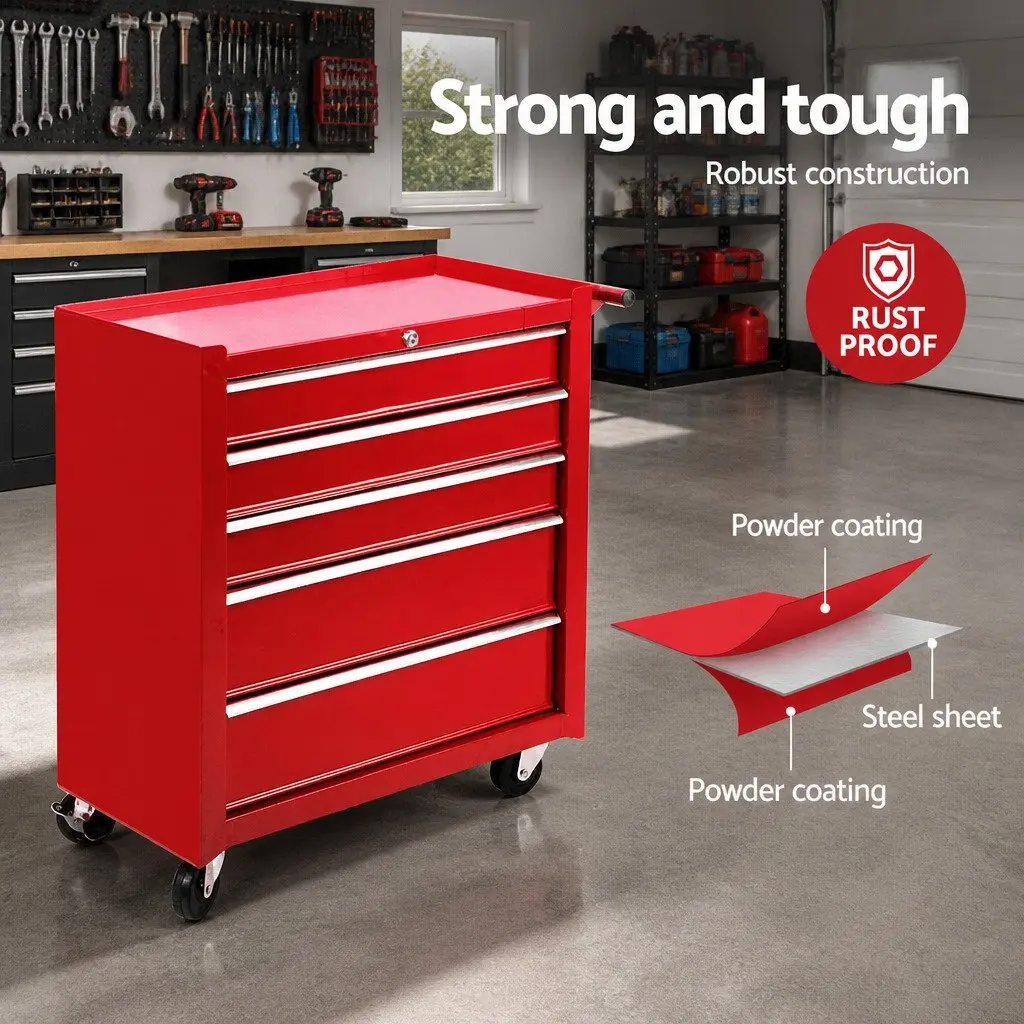 5 Drawer Tool Cabinet Trolley Storage Red Steel Garage Organizer with Wheels
