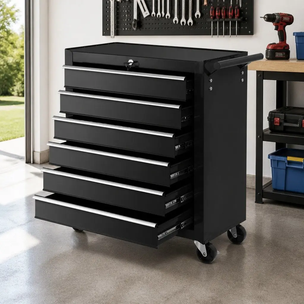 6 Drawer Tool Box Cabinet Trolley Cart Garage Toolbox Storage Chest Wheels
