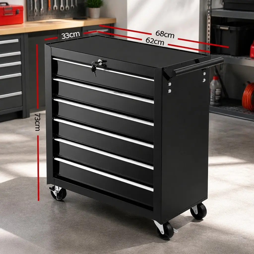 6 Drawer Tool Cabinet Trolley Cart Lockable Black Steel 68cm x 33cm x 73cm