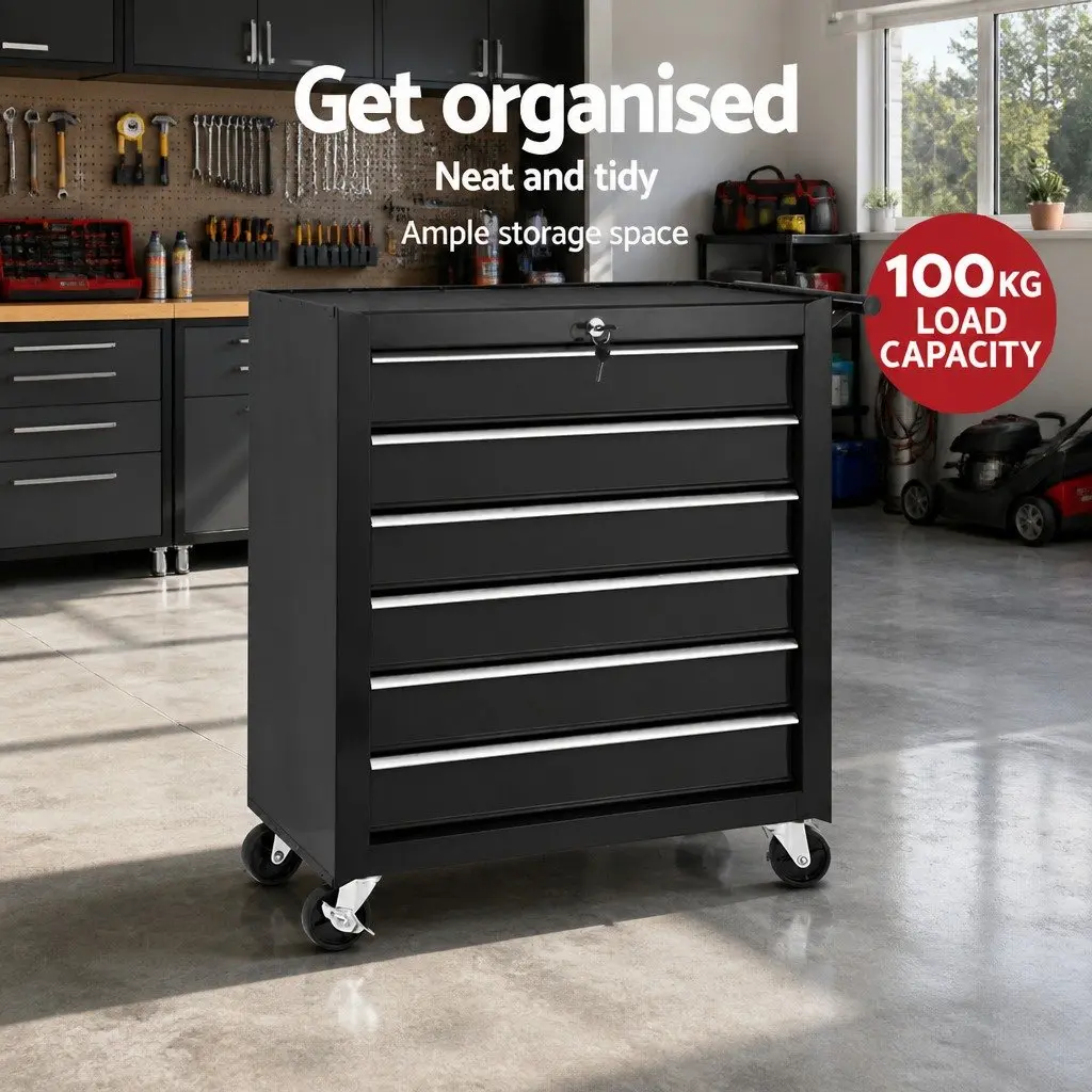 6 Drawer Tool Cabinet Trolley Cart Lockable Black Steel 68cm x 33cm x 73cm