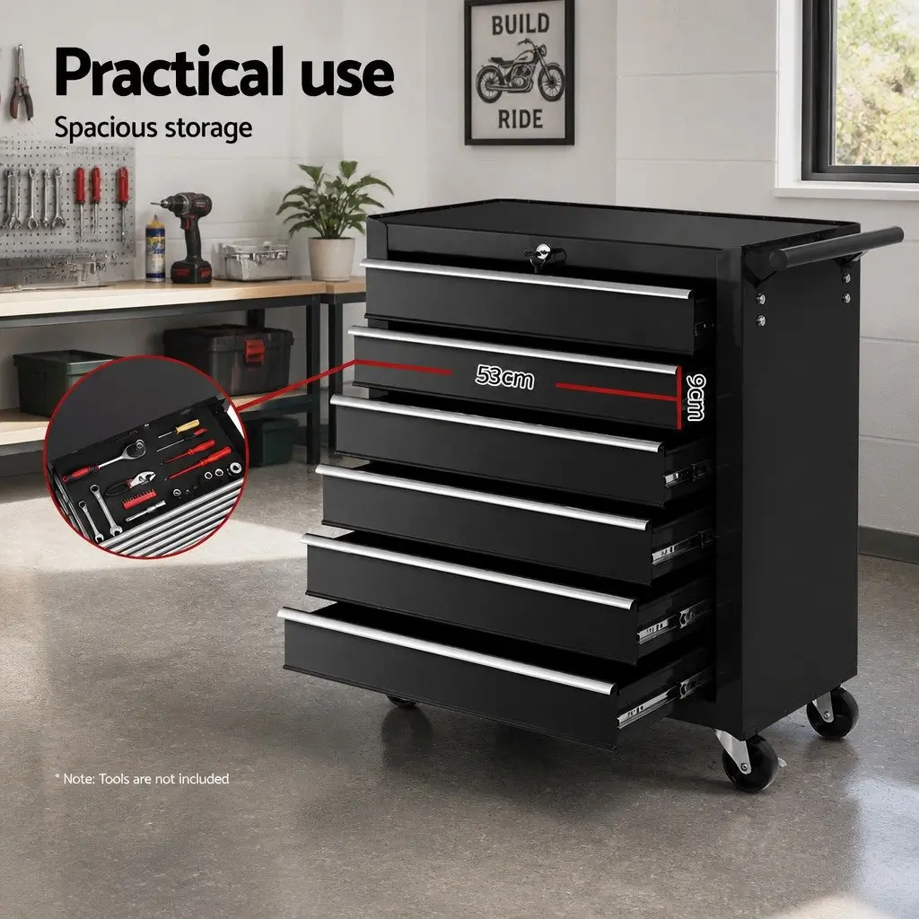 6 Drawer Tool Cabinet Trolley Cart Lockable Black Steel 68cm x 33cm x 73cm