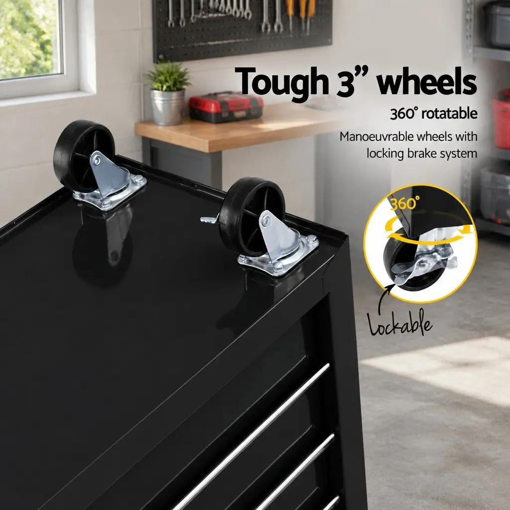 6 Drawer Tool Cabinet Trolley Cart Lockable Black Steel 68cm x 33cm x 73cm