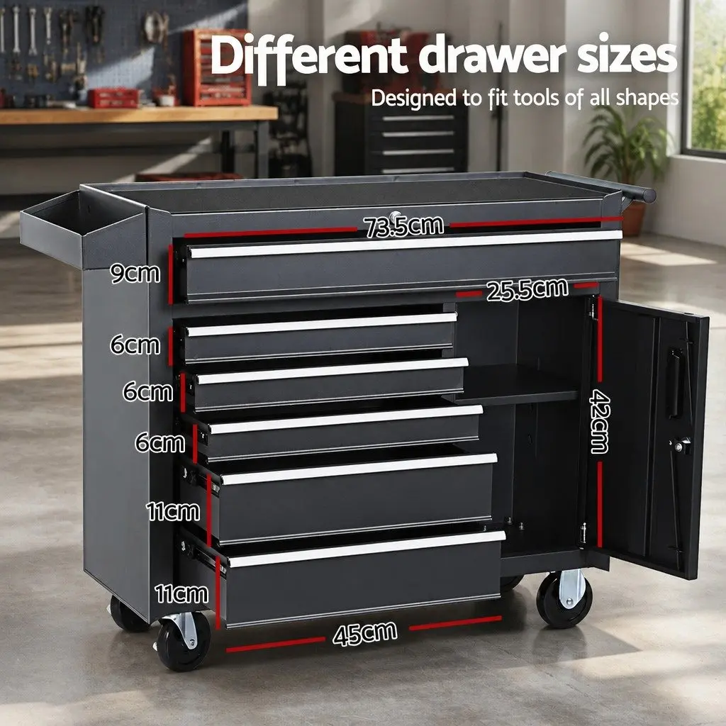 Tool Cabinet Storage Trolley with Six Drawers and Wheels 81.5cm x 33cm x 65cm