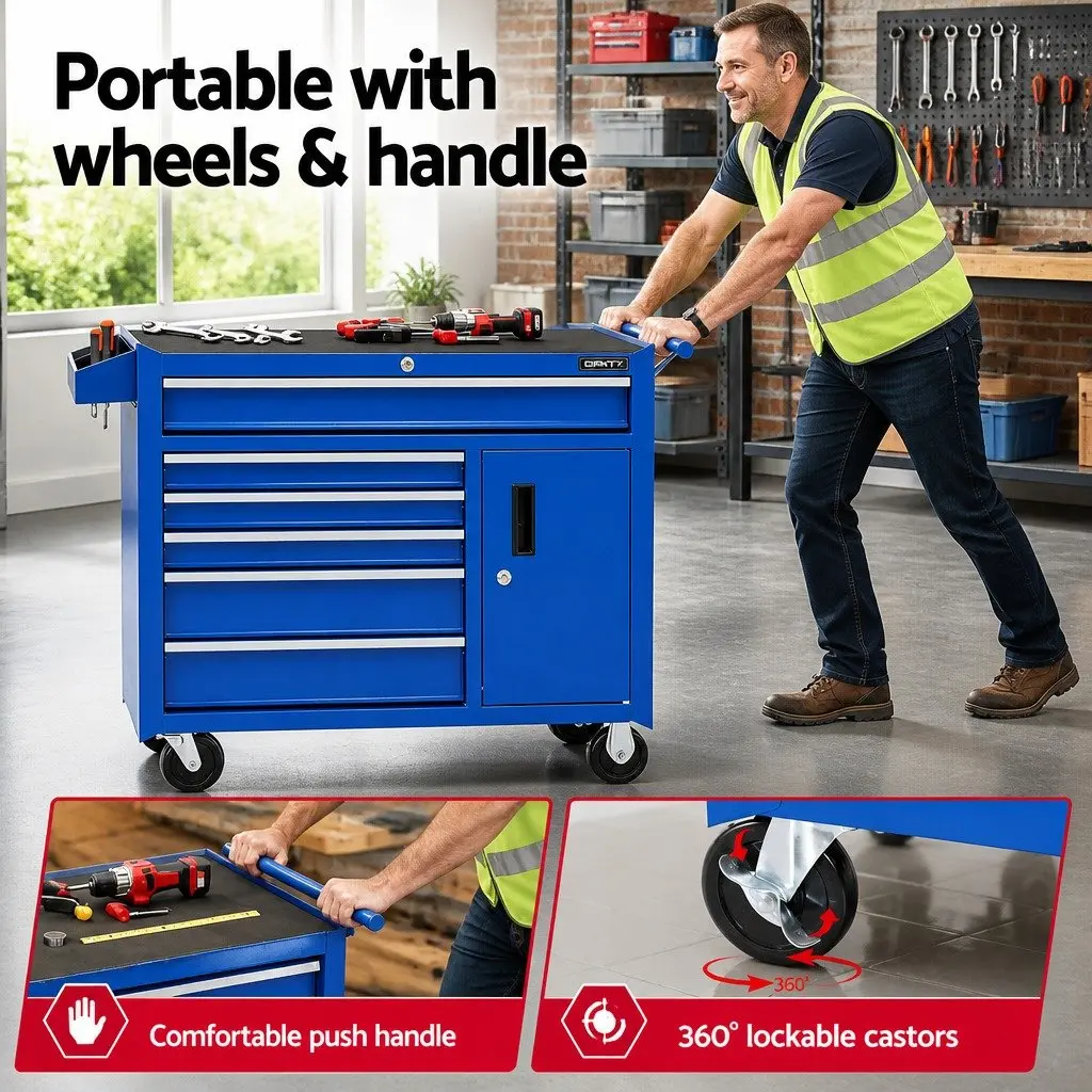 6 Drawer Tool Chest Trolley Storage Cabinet Organiser with Wheels Lockable