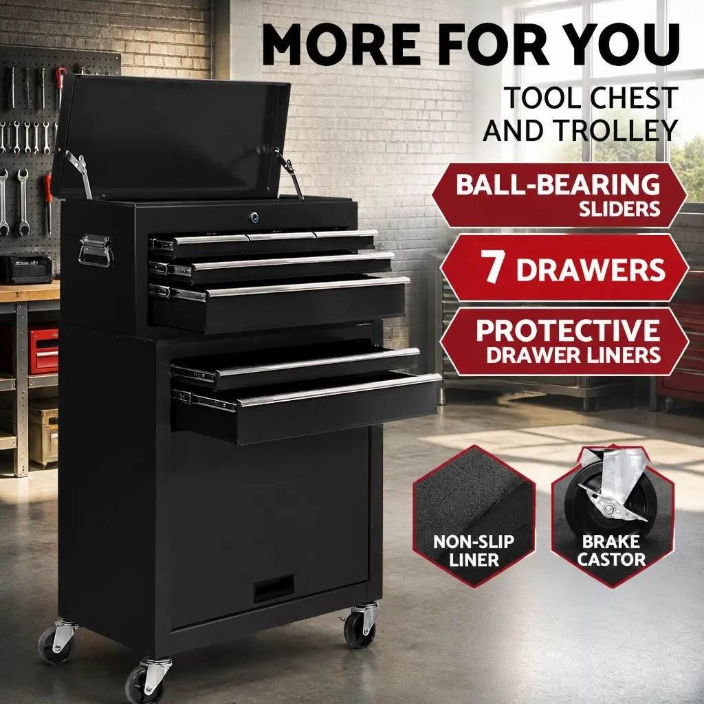 7 Drawer Tool Box Chest Trolley Mobile Storage Cabinet Heavy Duty Steel Black