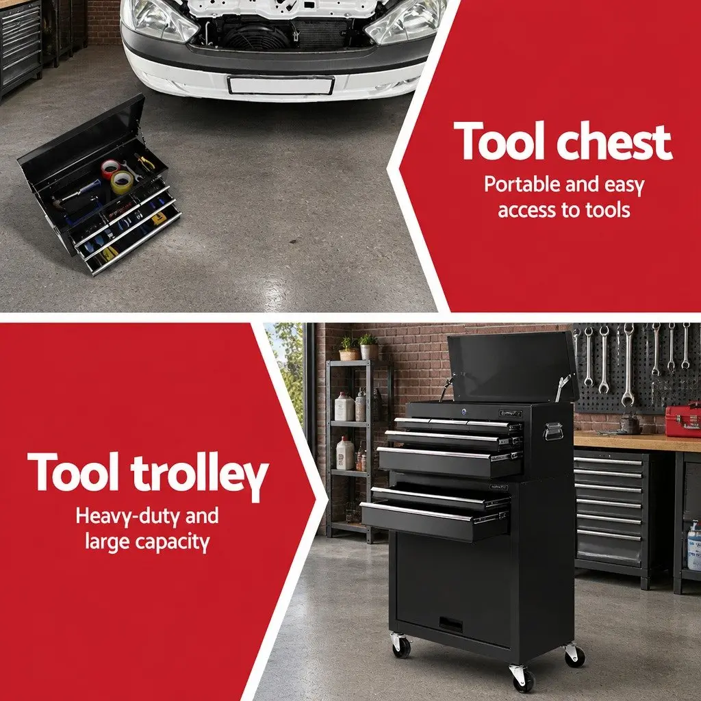 7 Drawer Tool Box Chest Trolley Mobile Storage Cabinet Heavy Duty Steel Black