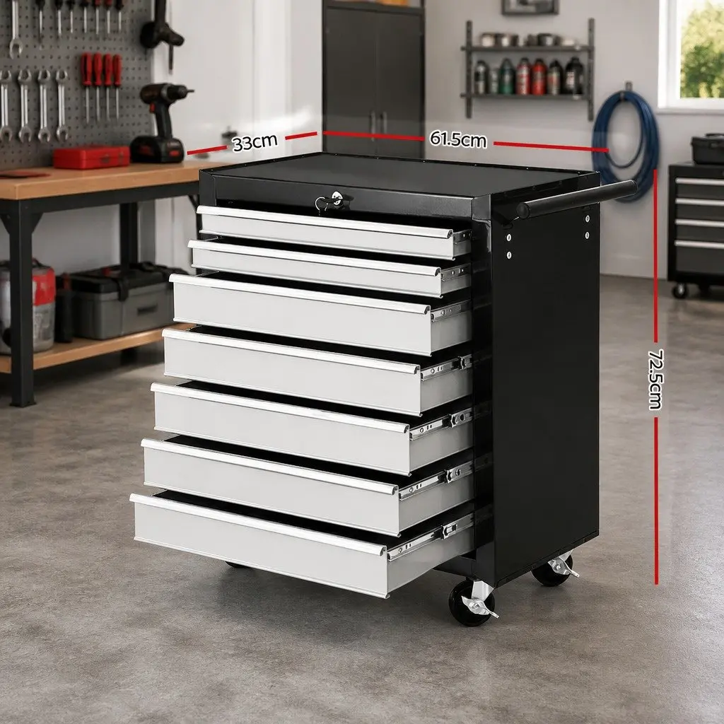 7 Drawer Tool Box Trolley Cabinet Storage Chest Steel Construction Black