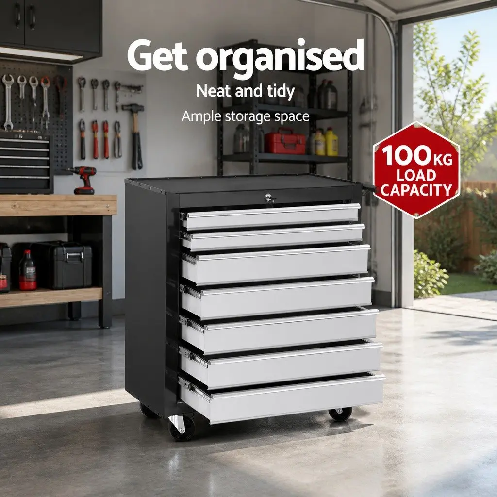7 Drawer Tool Box Trolley Cabinet Storage Chest Steel Construction Black