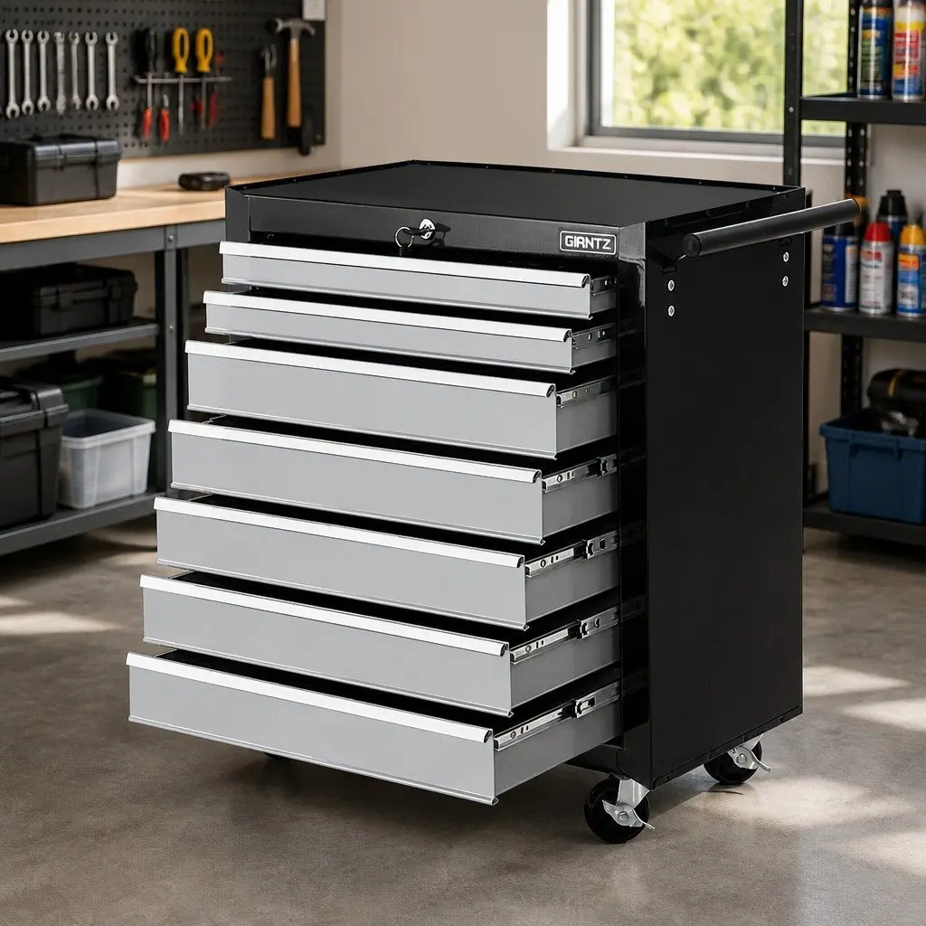 7 Drawer Tool Box Trolley Cabinet Storage Chest Steel Construction Black