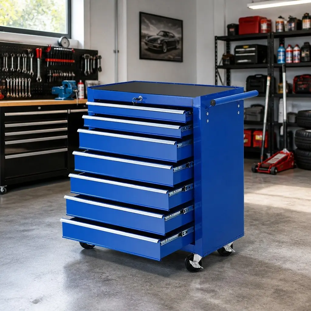 7 Drawer Tool Cabinet Chest Trolley Storage Organizer Blue